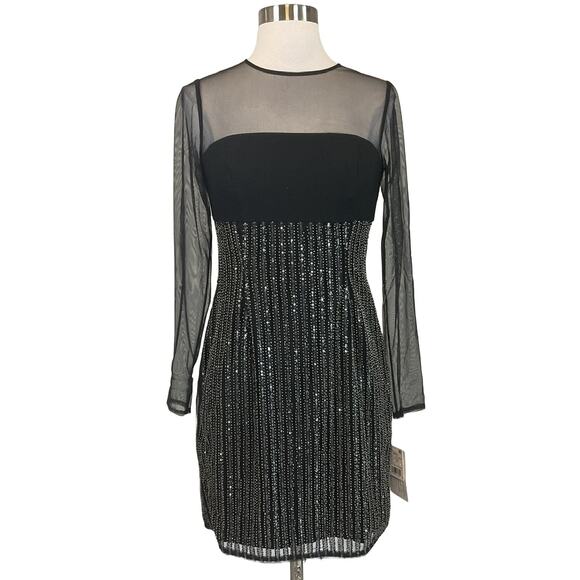 Aidan Mattox Beaded Long Sleeve Mini Sheath Cocktail Dress Black Size 4 - Picture 1 of 12